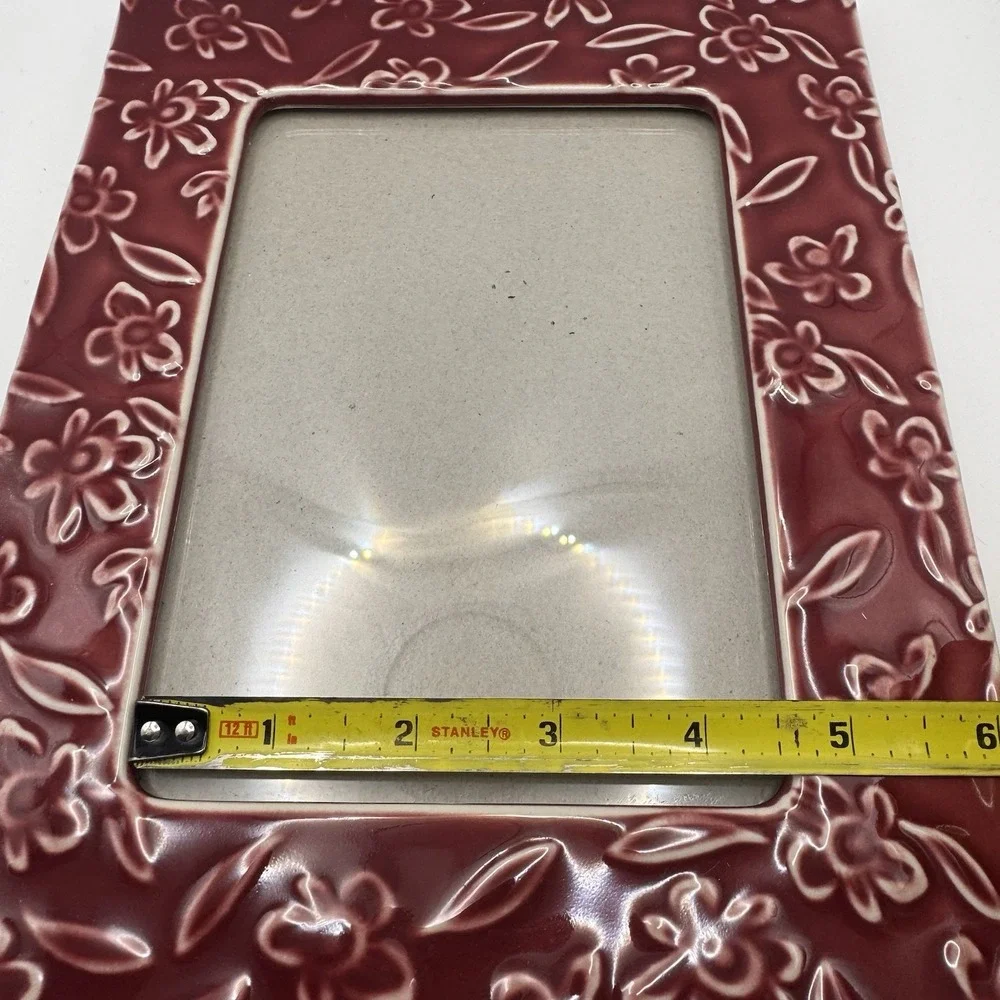 Studio Art Ceramic Red Flower Picture Frame 6 1/2 wide 4 1/2 Opening‎